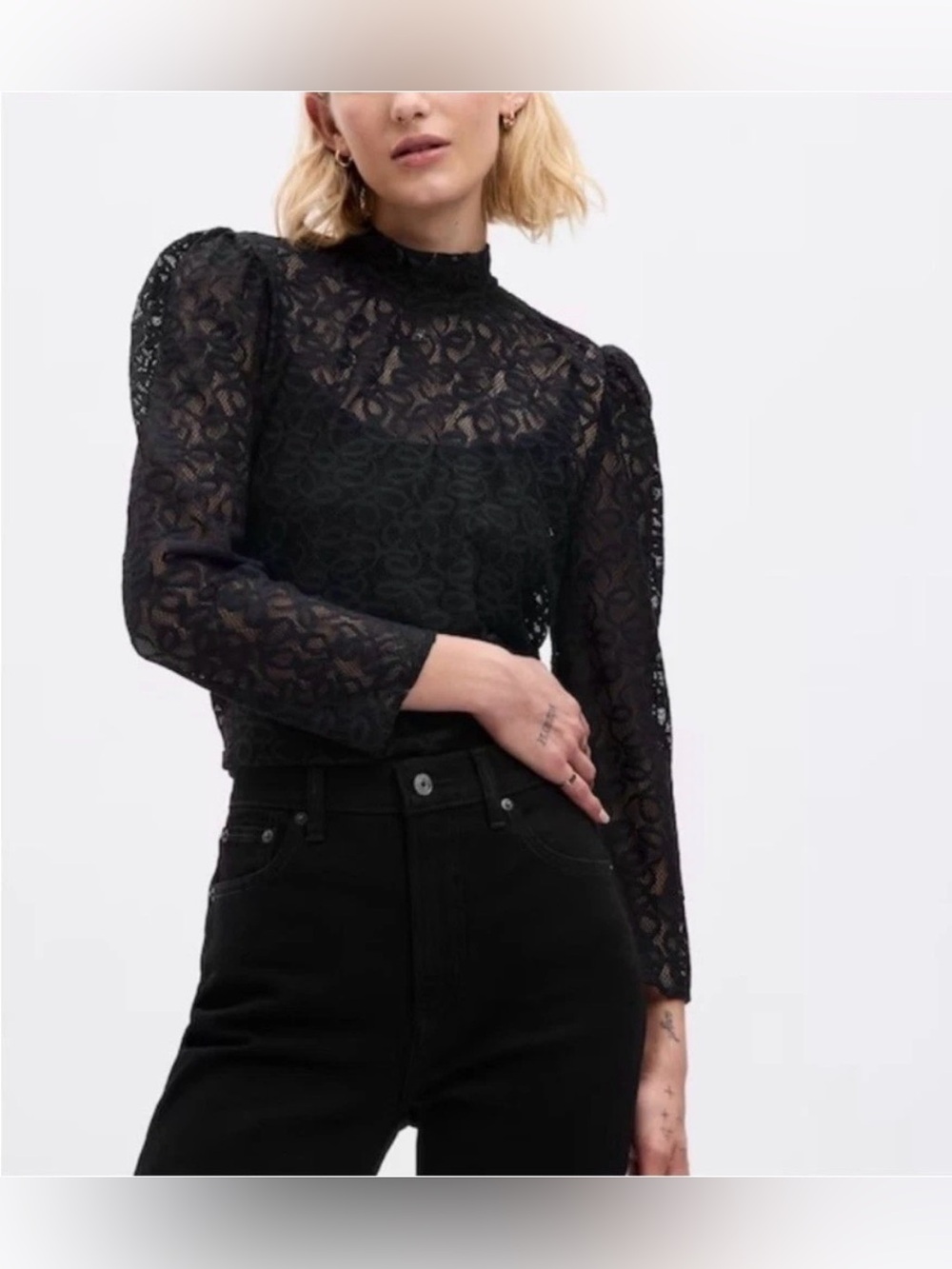GAP Black Lace Long Sleeve Sheer Mock Neck Blouse, Size S